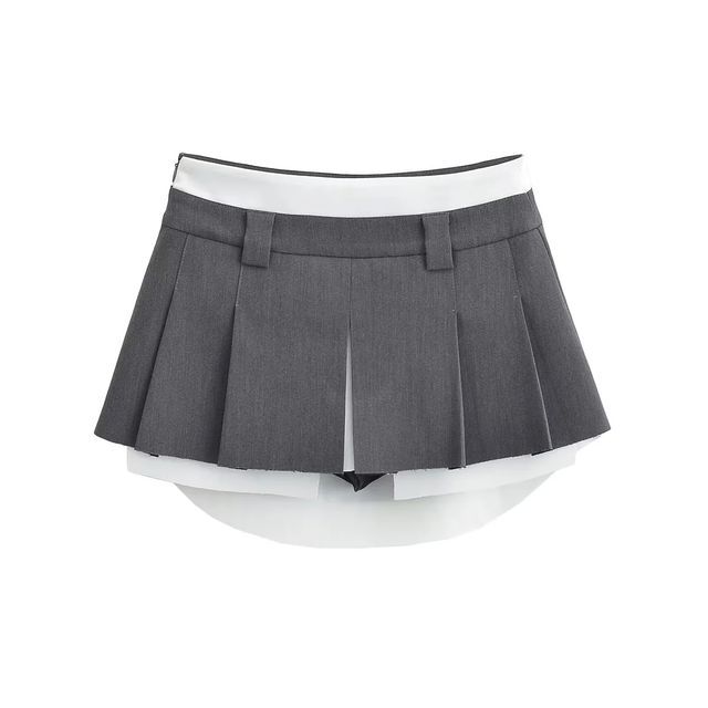 Elevated Waist Color-Block Pleated A-Line Mini Skirt