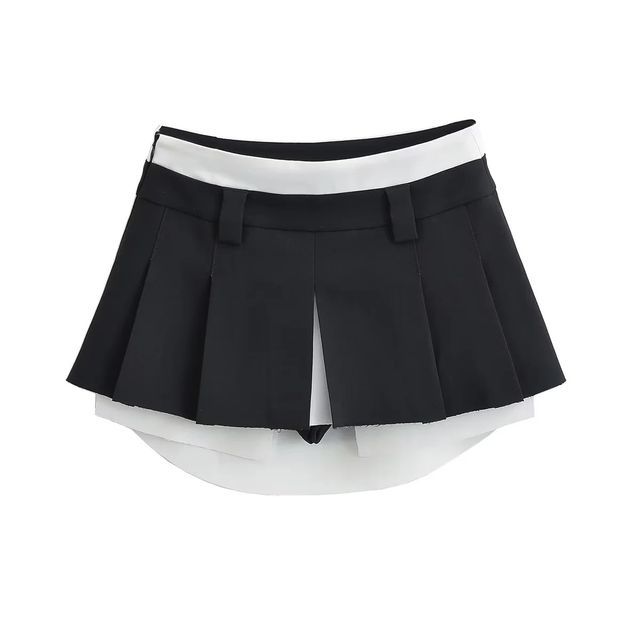 Elevated Waist Color-Block Pleated A-Line Mini Skirt