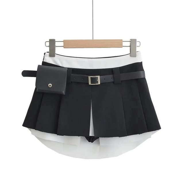 Elevated Waist Color-Block Pleated A-Line Mini Skirt