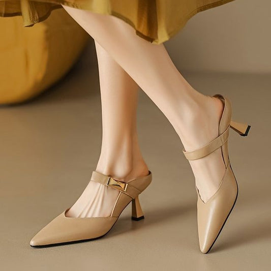 Pointed-Toe Mary Jane Heeled Mules
