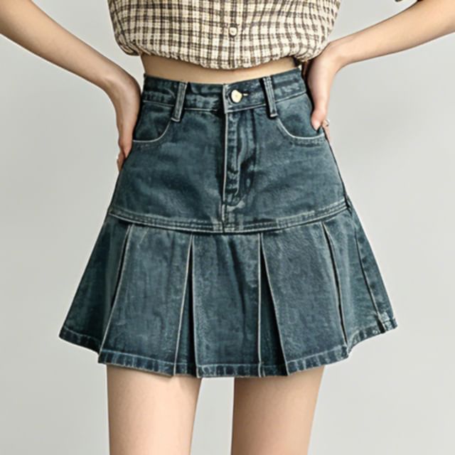 Elevated Rise Washed Pleated Denim A-Line Mini Skirt