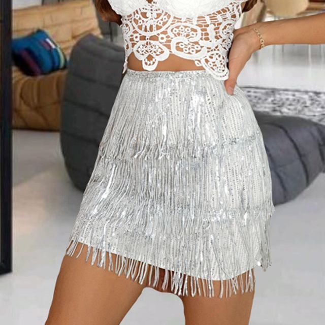 Elevated Waist Fringed Pencil Mini Skirt