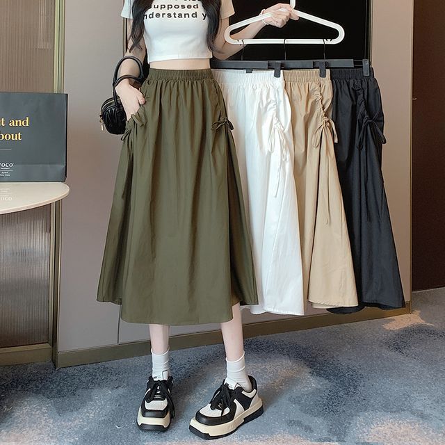 Elevated Rise Solid Drawstring A-Line Midi Skirt