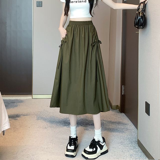 Elevated Rise Solid Drawstring A-Line Midi Skirt