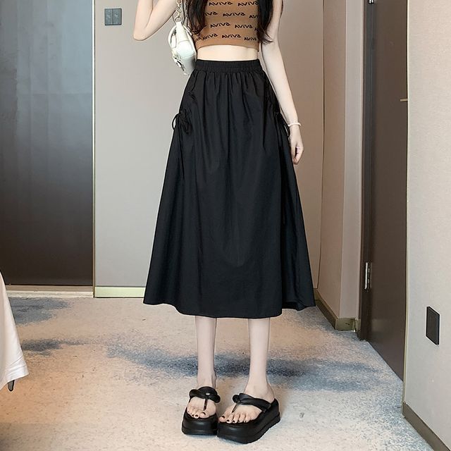 Elevated Rise Solid Drawstring A-Line Midi Skirt