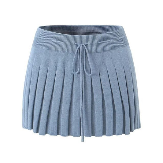 Drawstring Waist Solid Pleated Knit A-Line Mini Skirt