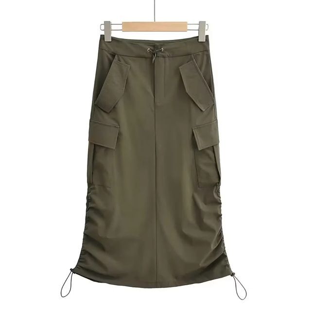 Drawstring Waist Solid Slit Straight Cargo Maxi Skirt