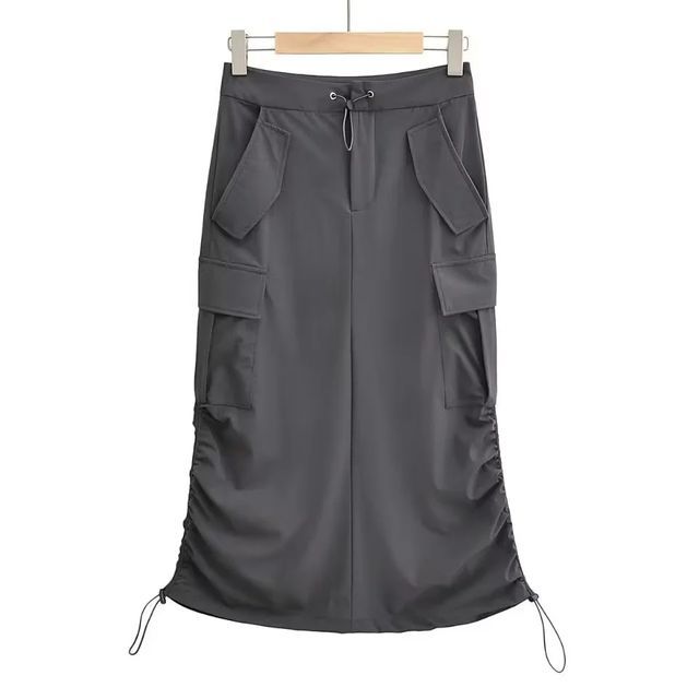 Drawstring Waist Solid Slit Straight Cargo Maxi Skirt