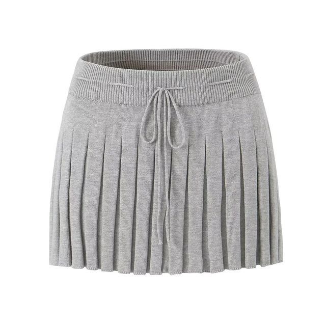 Drawstring Waist Solid Pleated Knit A-Line Mini Skirt
