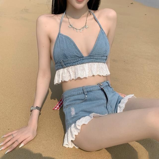 Halter Denim Bralette with High-Waist Distressed Shorts Set