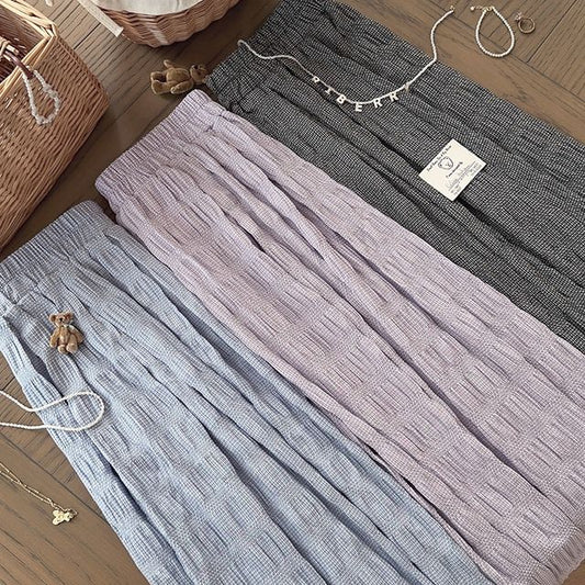 Elevated Rise Plaid Shirred A-Line Midi Skirt