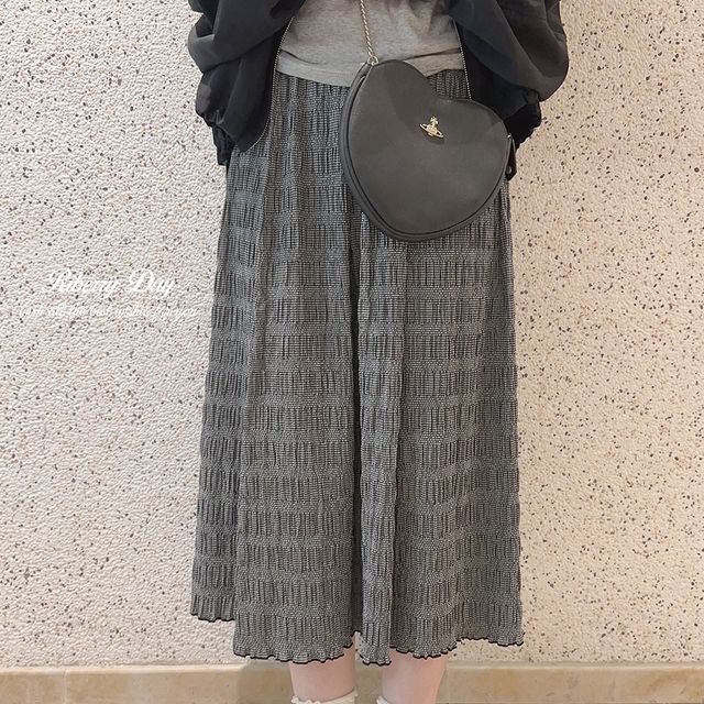 Elevated Rise Plaid Shirred A-Line Midi Skirt