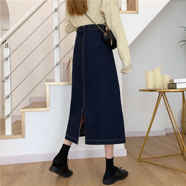 Elevated Waist A-Line Back-Slit Denim Midi Skirt