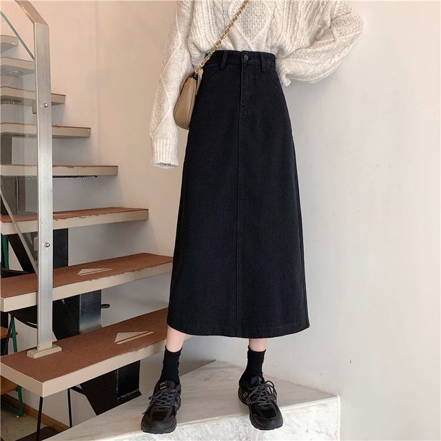 Elevated Waist A-Line Back-Slit Denim Midi Skirt