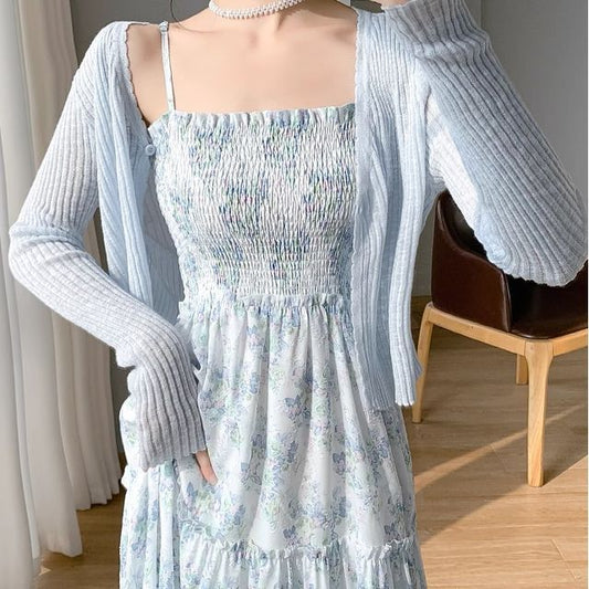 Solid Cardigan / Thin Strap Floral Print Midi A-Line Dress