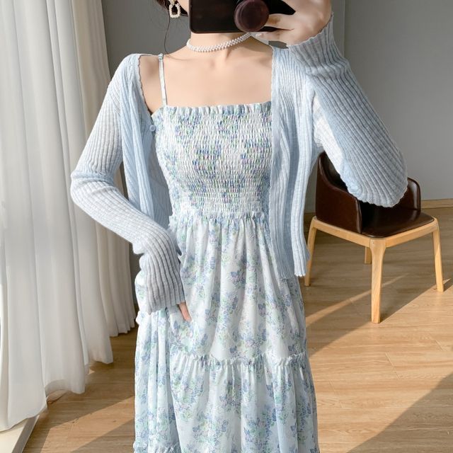 Solid Cardigan / Thin Strap Floral Print Midi A-Line Dress