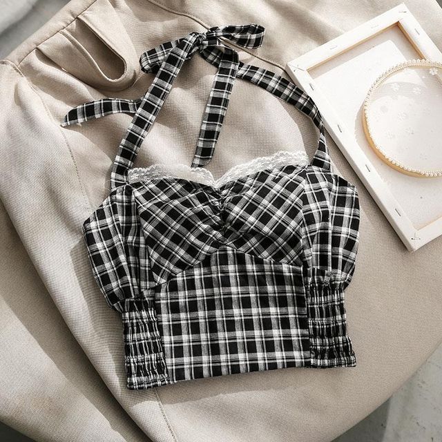 Halter Plaid Smocked Lace-Trim Crop Top