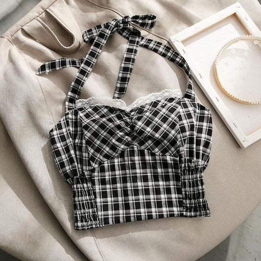 Halter Plaid Smocked Lace-Trim Crop Top