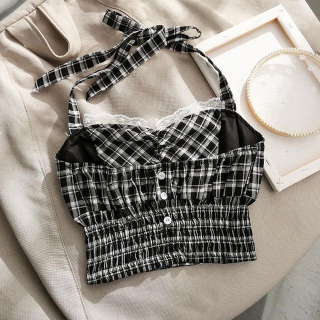 Halter Plaid Smocked Lace-Trim Crop Top
