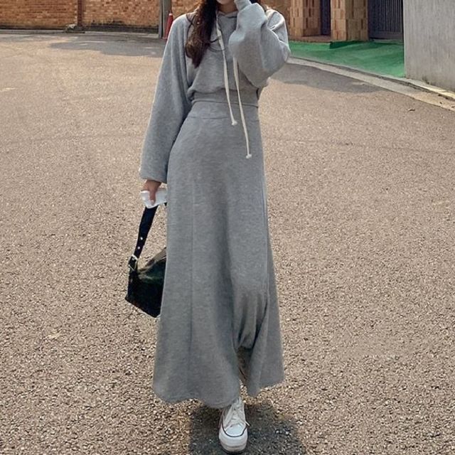 Hoodie and Long A-Line Skirt Casual Two-Piece Set
