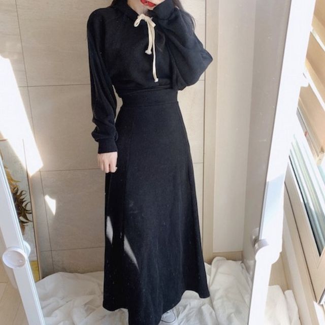 Hoodie and Long A-Line Skirt Casual Two-Piece Set