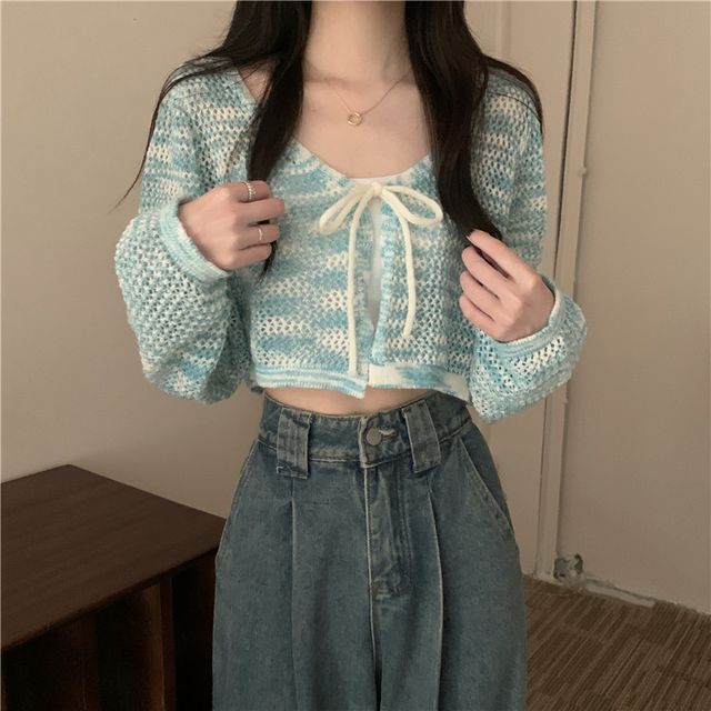 Melange Tie Front V-Neck Cardigan