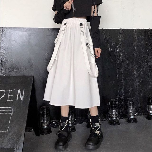 Punk Elevated Rise Solid Suspender Cargo A-Line Midi Skirt