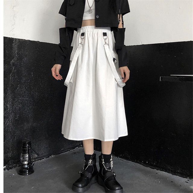 Punk Elevated Rise Solid Suspender Cargo A-Line Midi Skirt