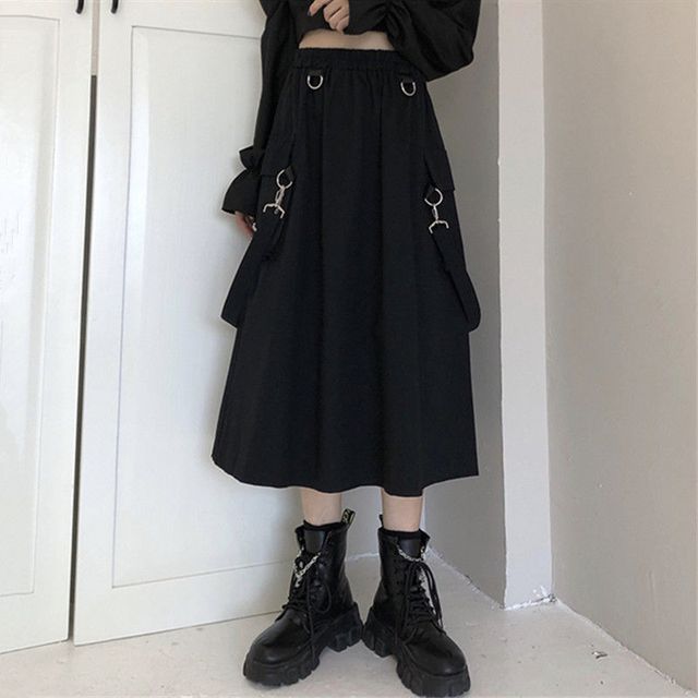 Punk Elevated Rise Solid Suspender Cargo A-Line Midi Skirt