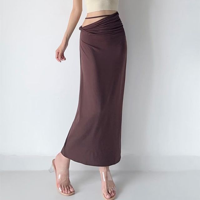 Elevated Rise Solid Asymmetric H-Line Maxi Skirt