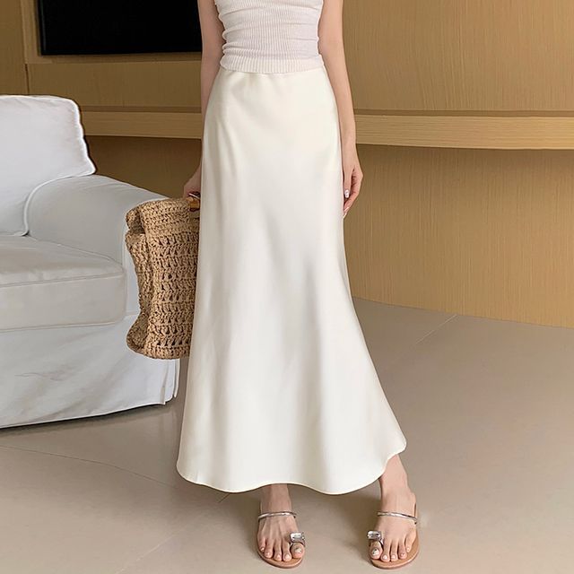 Elevated Waistline Solid Color Long Fish-Tail Midi Skirt
