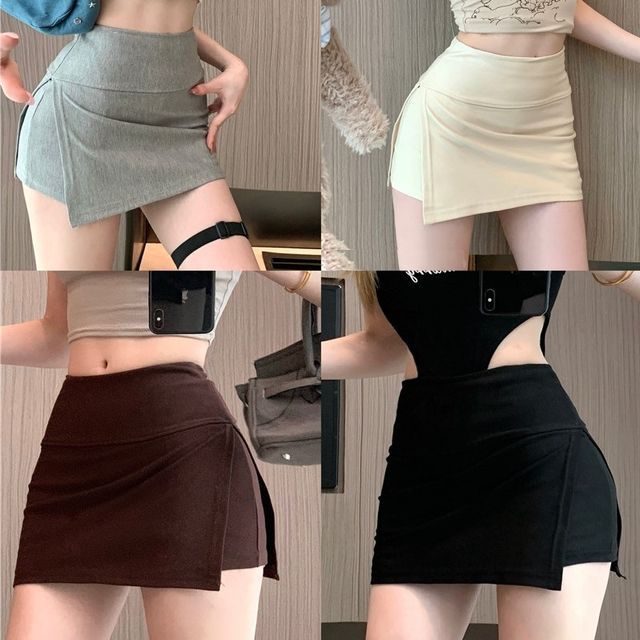 Asymmetric Slit Mini Skirt with High-Waist A-Line Shape