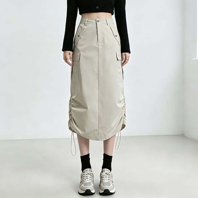 Elevated Rise Solid Drawstring Cargo A-Line Midi Skirt