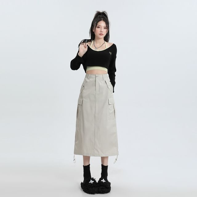 Elevated Rise Solid Drawstring Cargo A-Line Midi Skirt
