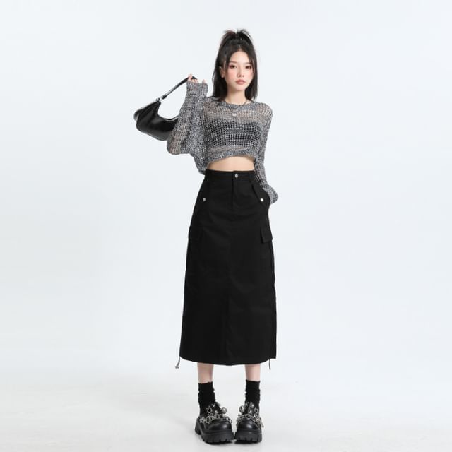 Elevated Rise Solid Drawstring Cargo A-Line Midi Skirt