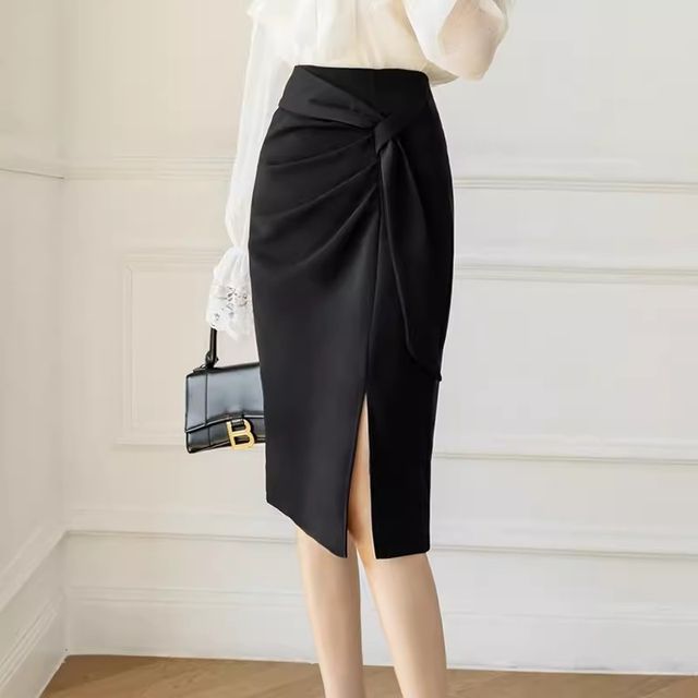 Elevated Rise Solid Ruched Pencil Midi Skirt