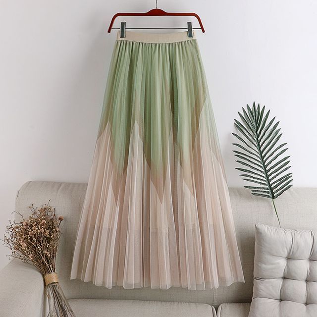 Two-Tone Pleated Sheer Midi Skirt with Elasticized Waistband