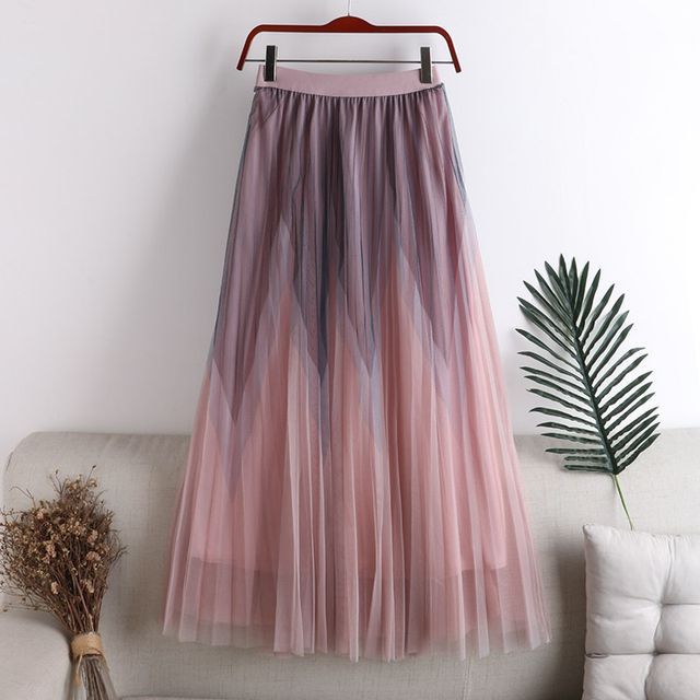 Two-Tone Pleated Sheer Midi Skirt with Elasticized Waistband