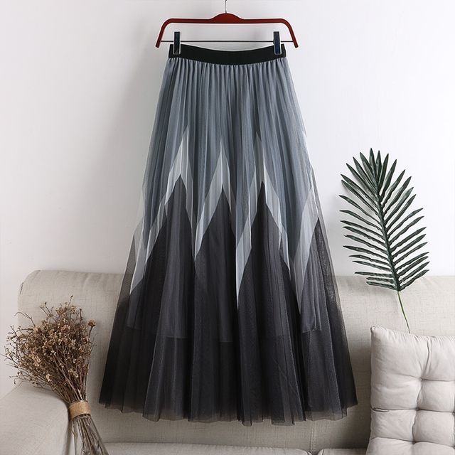 Two-Tone Pleated Sheer Midi Skirt with Elasticized Waistband