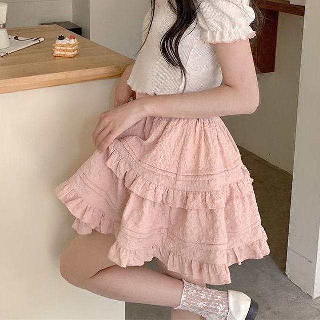 Layered Shirred Mini Skirt with High-Waist Solid Fabric