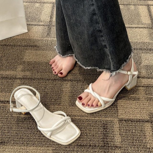 Square Toe Block Heel Plain Sandals