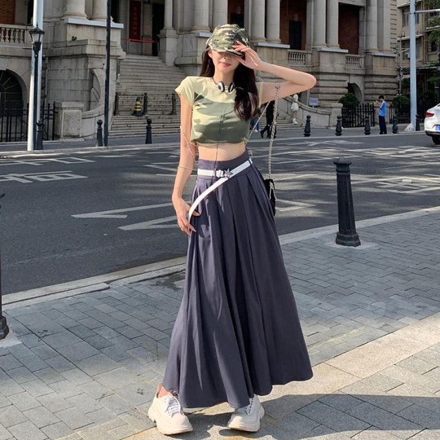 Belted Pleated Maxi Skirt with High-Rise Waist