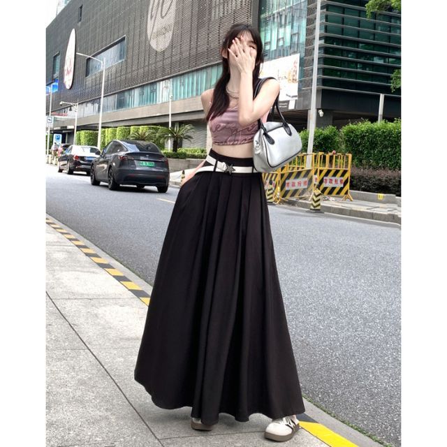 Belted Pleated Maxi Skirt with High-Rise Waist