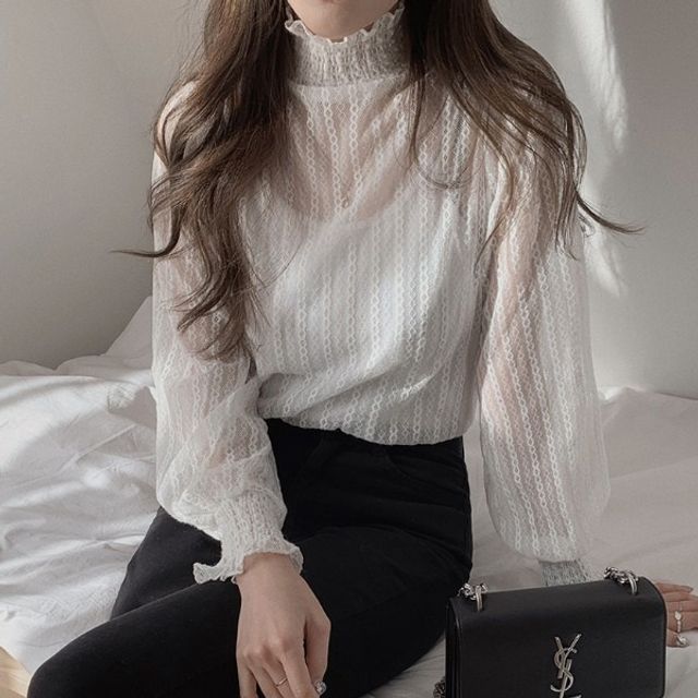 Long Sleeve Turtleneck Lace Blouse