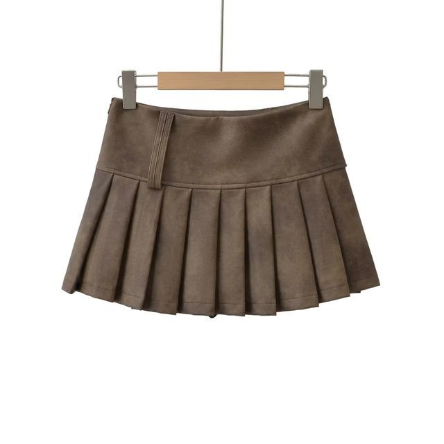 Faux Leather Pleated Mini Skirt with High-Waist Design