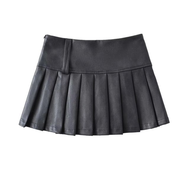 Faux Leather Pleated Mini Skirt with High-Waist Design