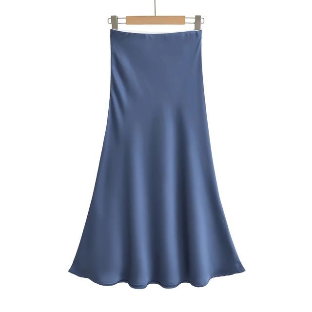 Satin Midi A-Line Skirt with High-Waist Solid Finish