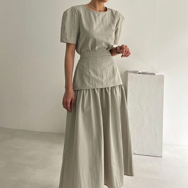 Round Neck Blouse with High-Rise Midi Skirt Matching Set