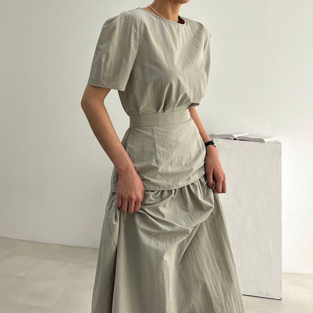 Round Neck Blouse with High-Rise Midi Skirt Matching Set