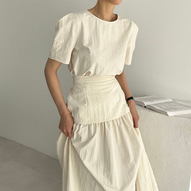 Round Neck Blouse with High-Rise Midi Skirt Matching Set
